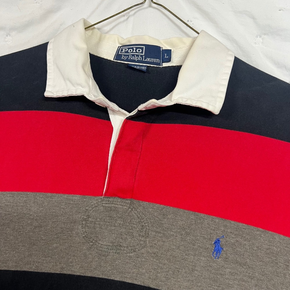 Polo Ralph Lauren Mens Rugby Shirt Large Red Grey Black Striped Long Sleeve L